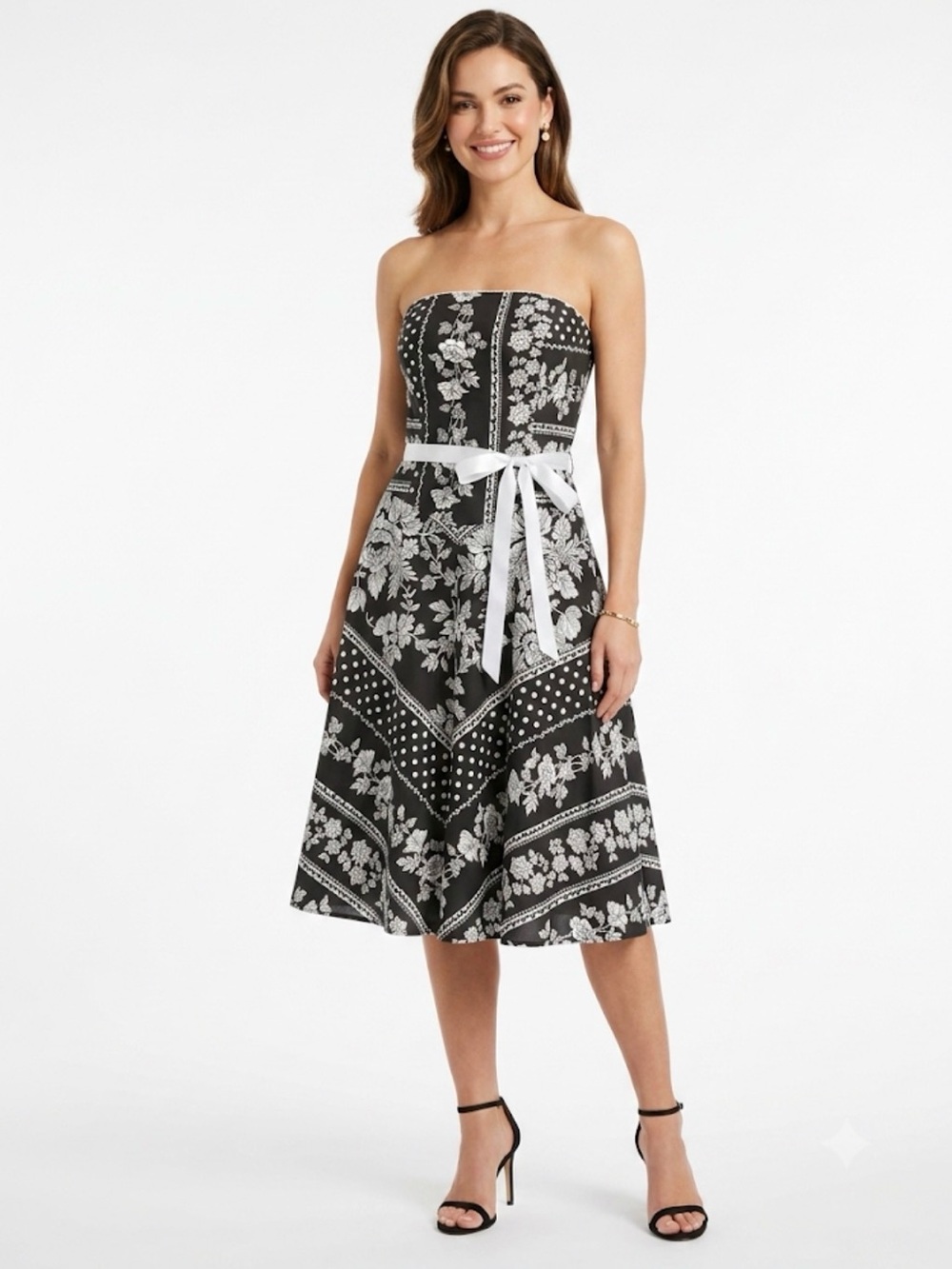 Teeze Me Strapless Black White Floral Polka Dot Fit Flare Dress Size S